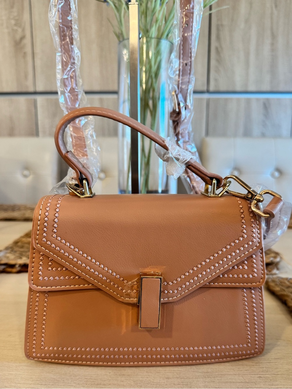 NWT Dusty Rose Shoulder Crossbody Bag Dot Stud Stitch Detailing Vegan Leather